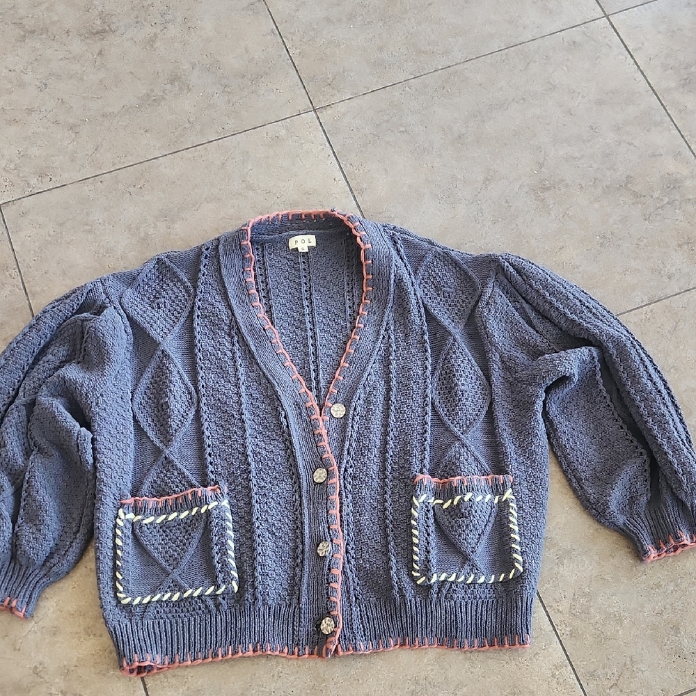 POL  Grey Hand-Knit Cardigan with Contrast Trim